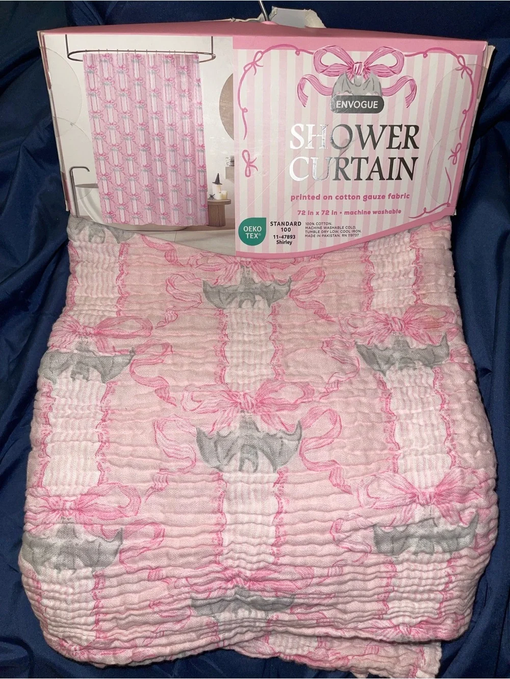 Envogue Pink and Light Gray Bow Cotton Gauze Shower Curtain