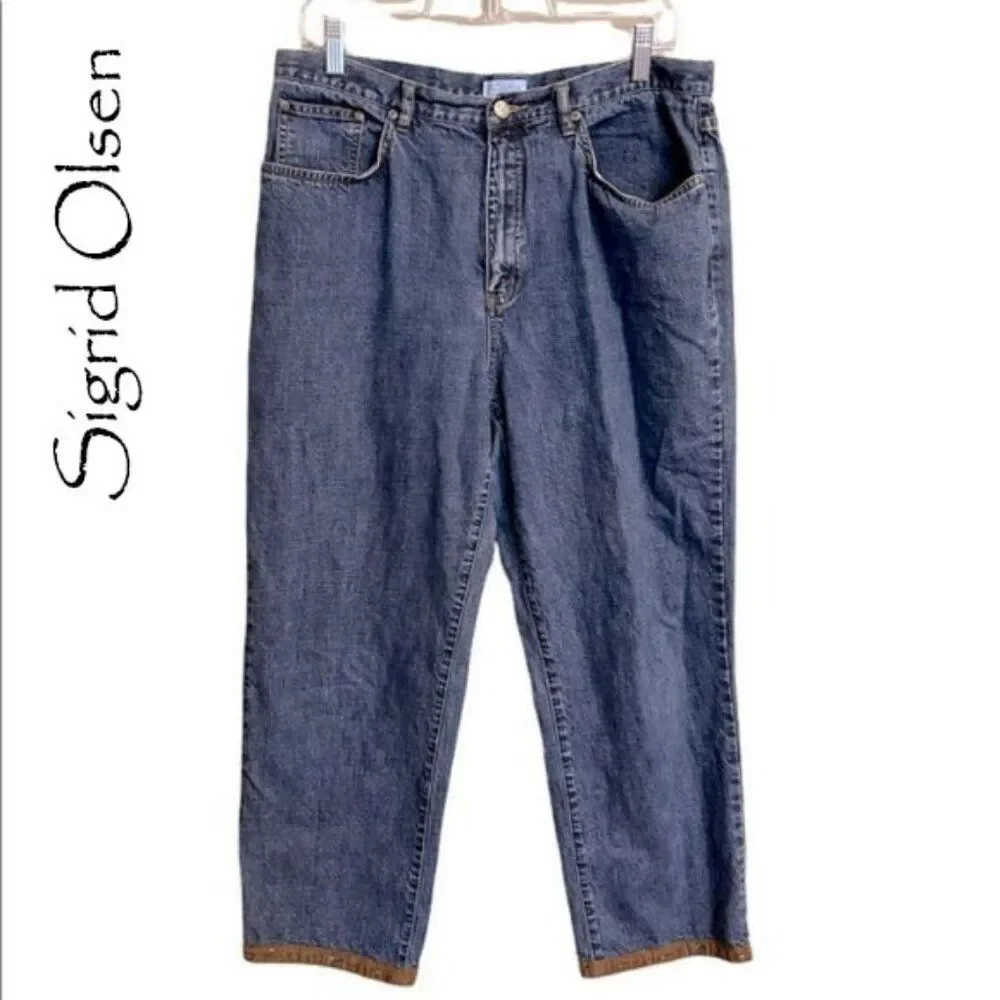 Vintage So Blue Sigrid Olsen Cropped Jeans Leather Beaded Ankle Detail 14