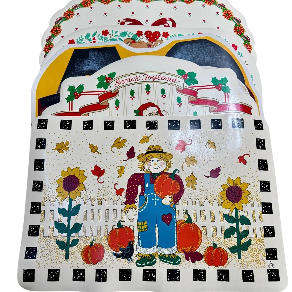 Placemats Vintage‎ 6 Holiday Themed Retro Scarecrow Santa Thanksgiving Christmas