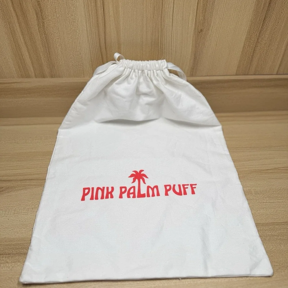 Pink Palm Puff Bag Drawstring Dust Pouch String Cream White Logo Accessory