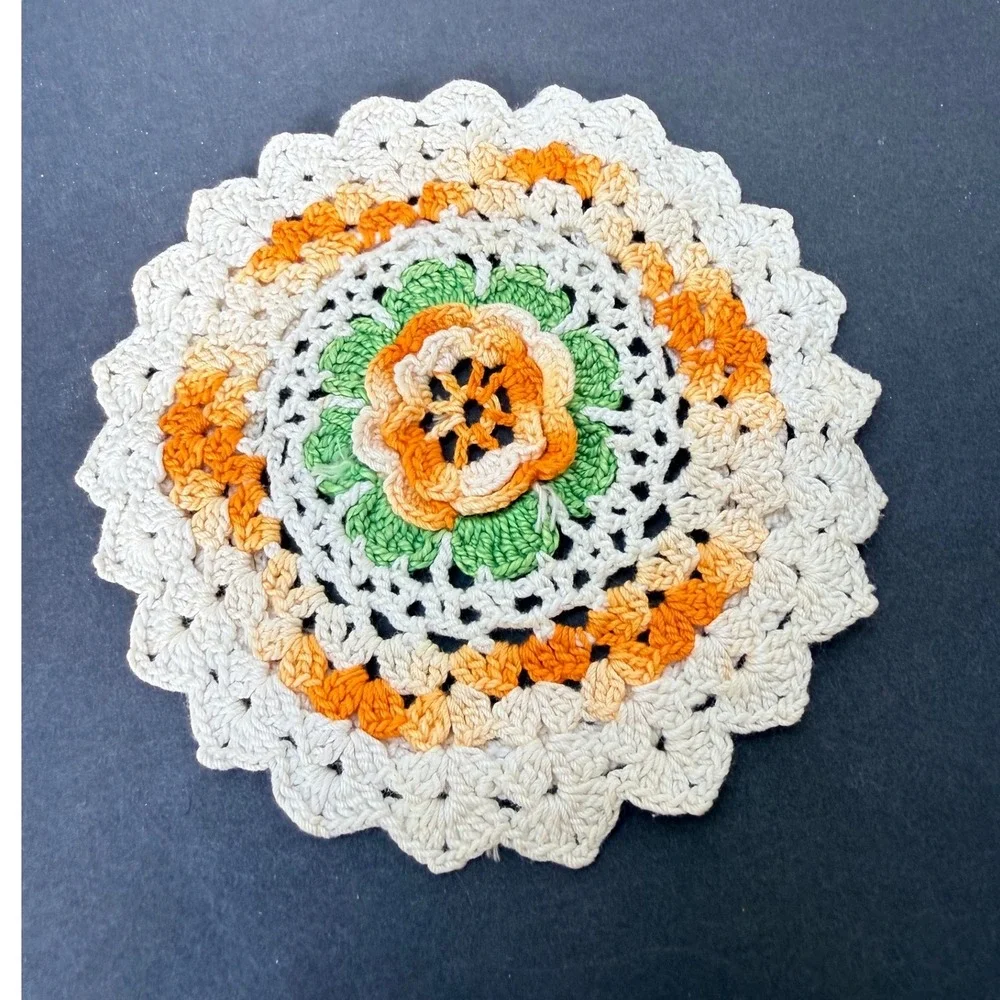 Vintage Handmade Crochet Floral Doily Round Orange Green Cream Lace 6 Inch