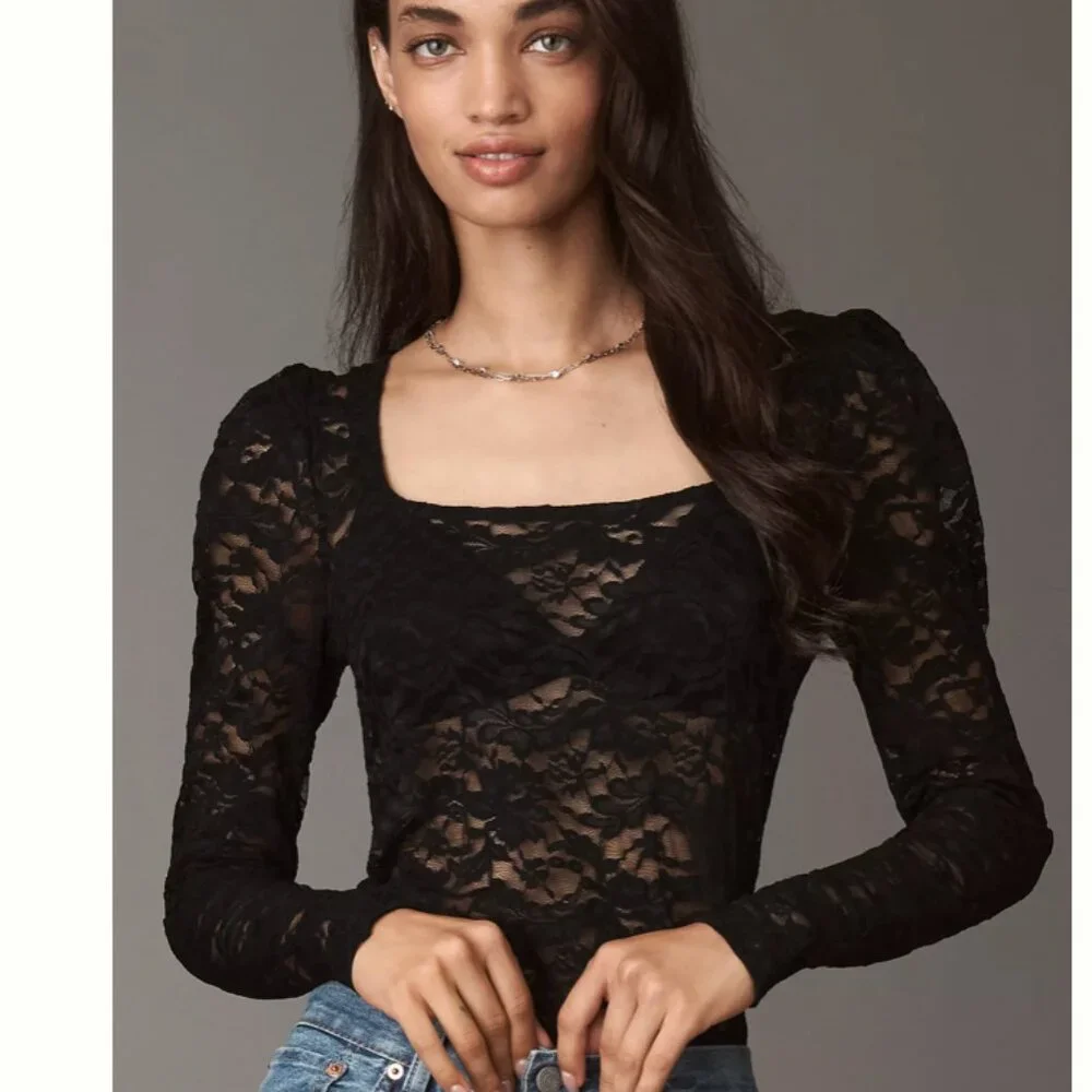 NWT Anthropologie Puff-Sleeve Sheer Lace Top Whimsigoth Moody Festival Size S
