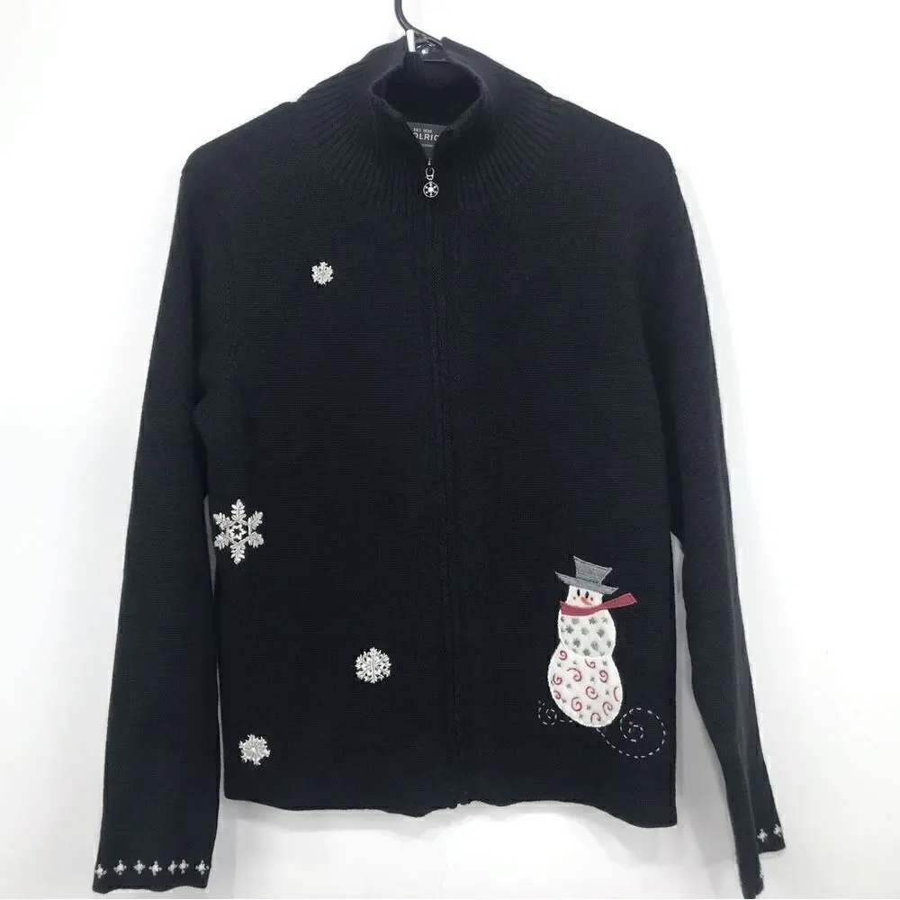 Woolrich Black Knit Snowman Snowflake Zip Up Cardigan Holiday Ski Lodge Sweater