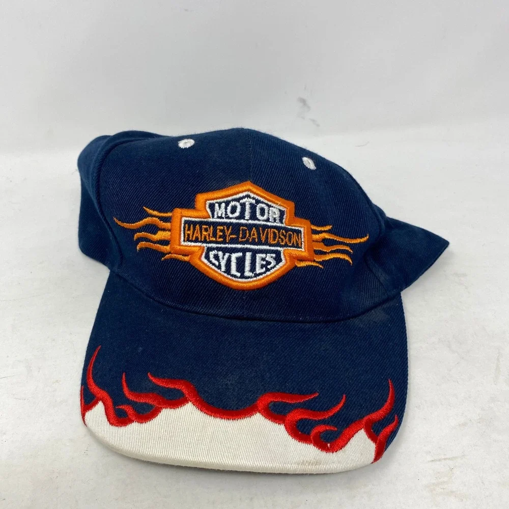 Harley-Davidson‎ Navy Blue Wool Flame Embroidered Baseball Cap Hat Adjustable
