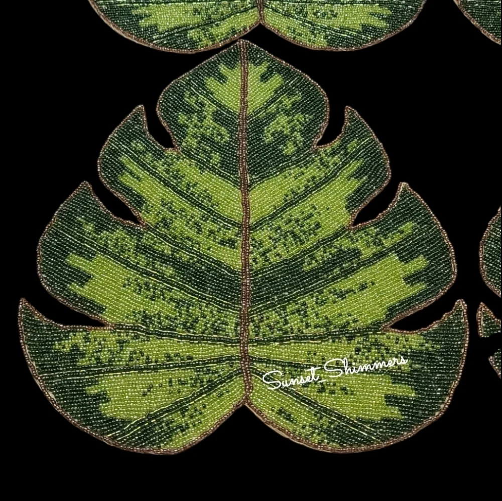 4pc Set Tropical Palm Monstera Leaf BEADED Placemats / Chargers NEW