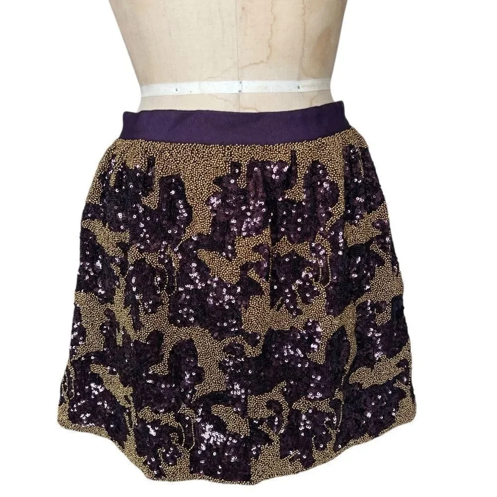 CLUB MÓNACO Purple & Gold Floral Sequin Beaded Mini Skirt Size M