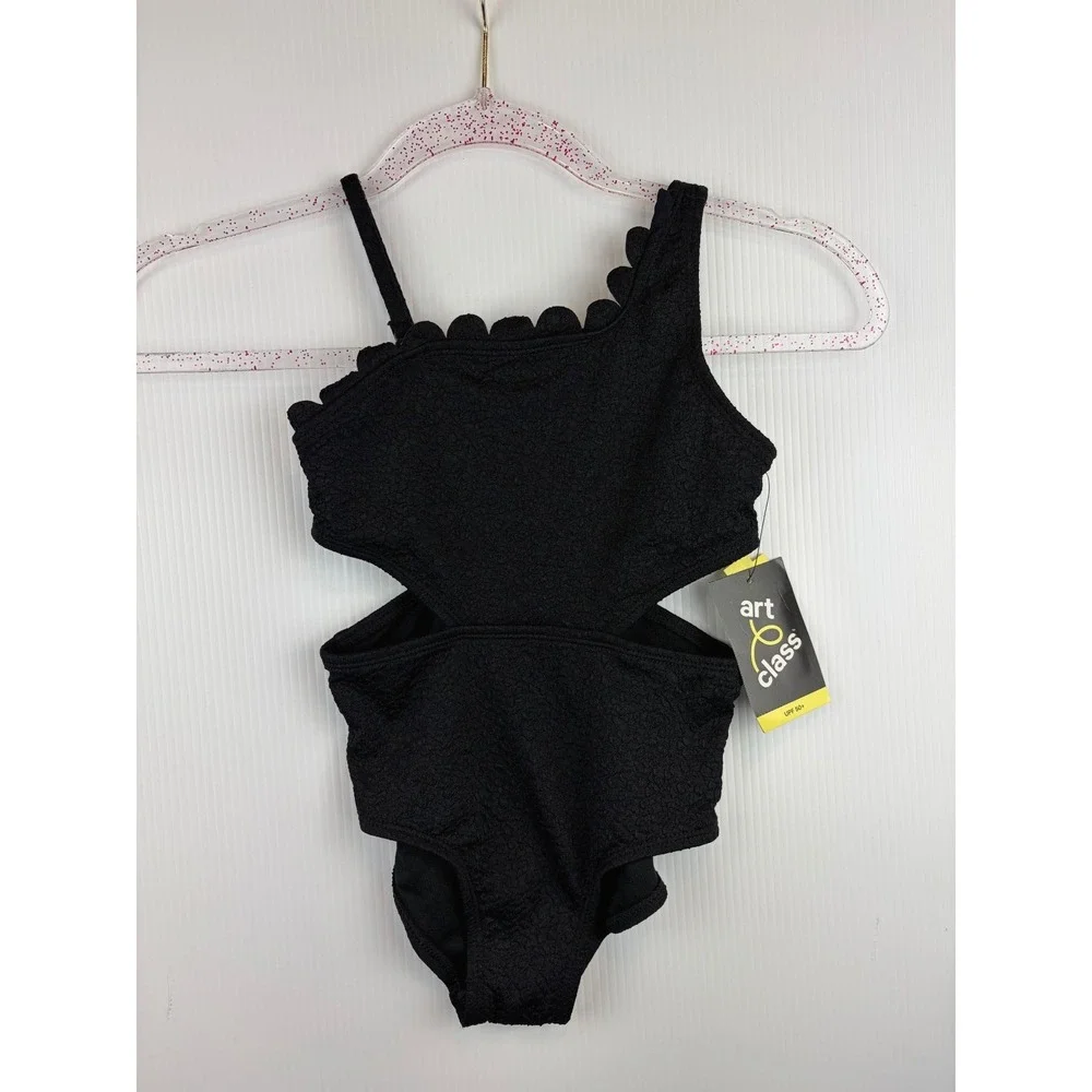 Art Class Girls XS 4/5 Black Swimsuit Scalloped Cutout One Piece Boho Chic Retro