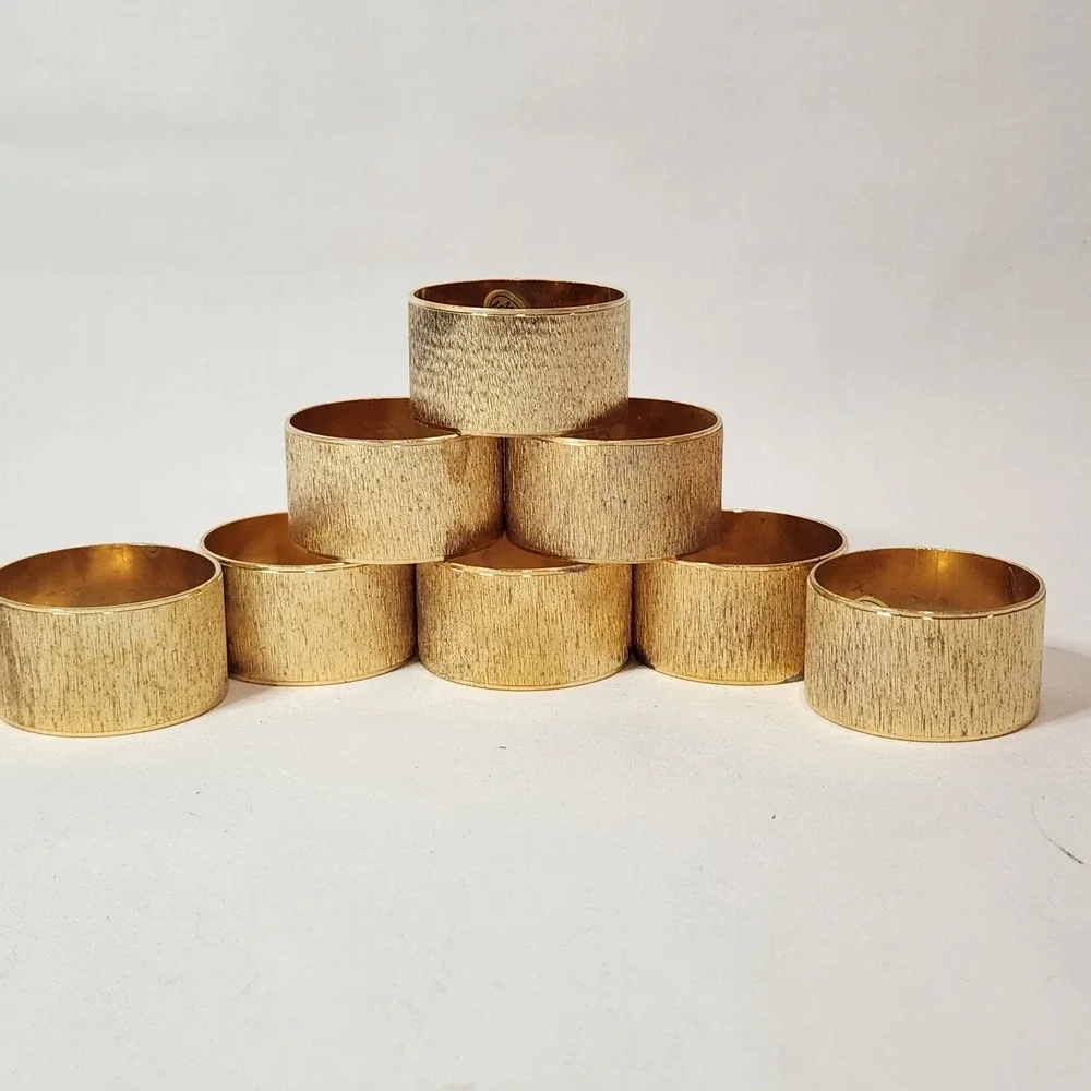 Vintage‎ Gold Tone Brushed Texture Napkin Rings Set of 8 MCM Made in Hong Kong