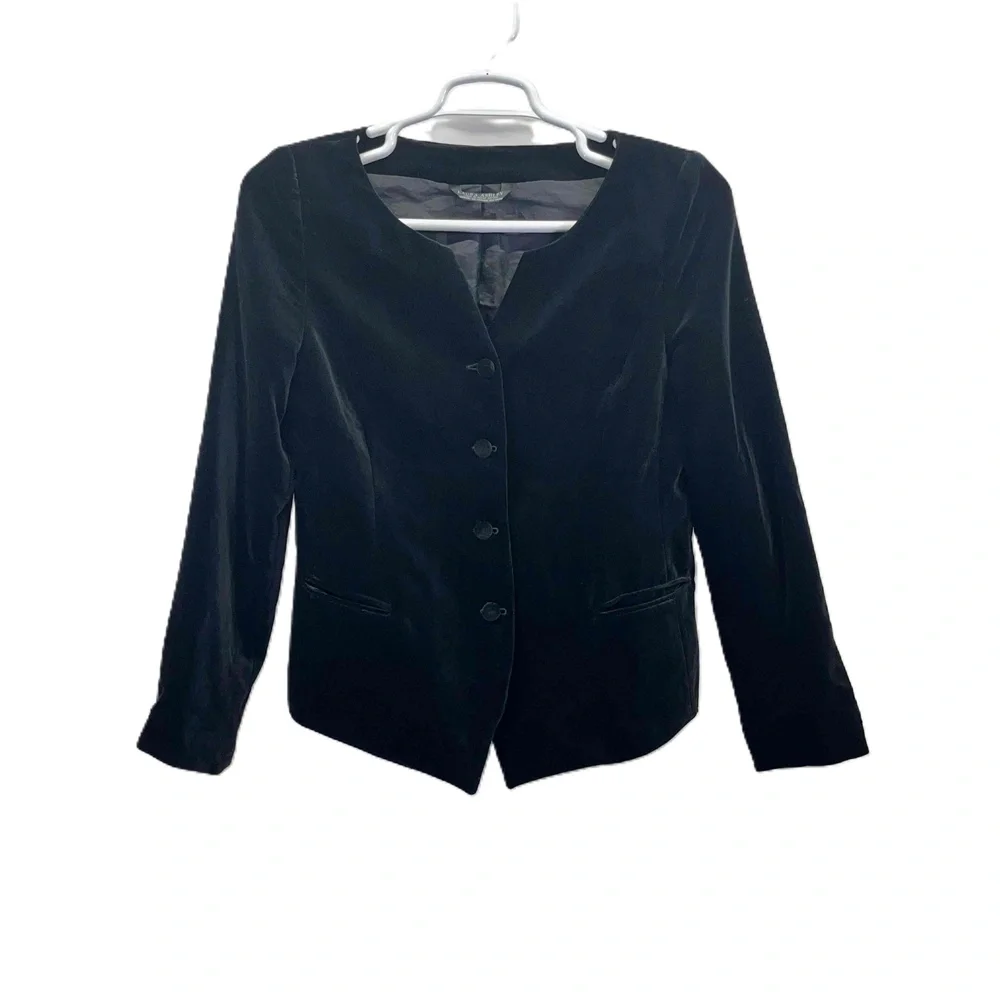 Laura Ashley NWOT Vintage Black Velvet Fitted‎ Button Up Collarless Jacket Sz 12