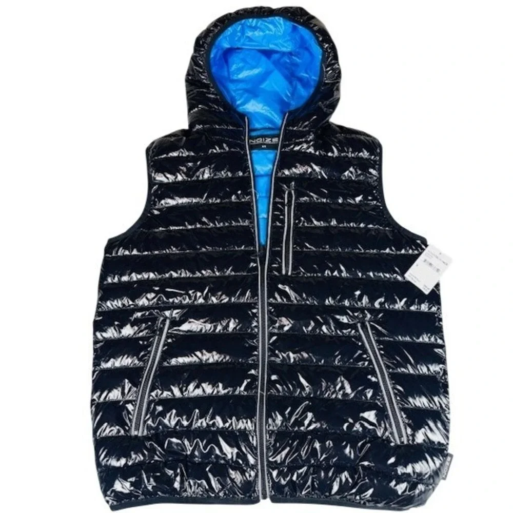 NWT Noize Mens Small Glossy Black Puffer Vest‎ Hooded Blue Lining New With Tags