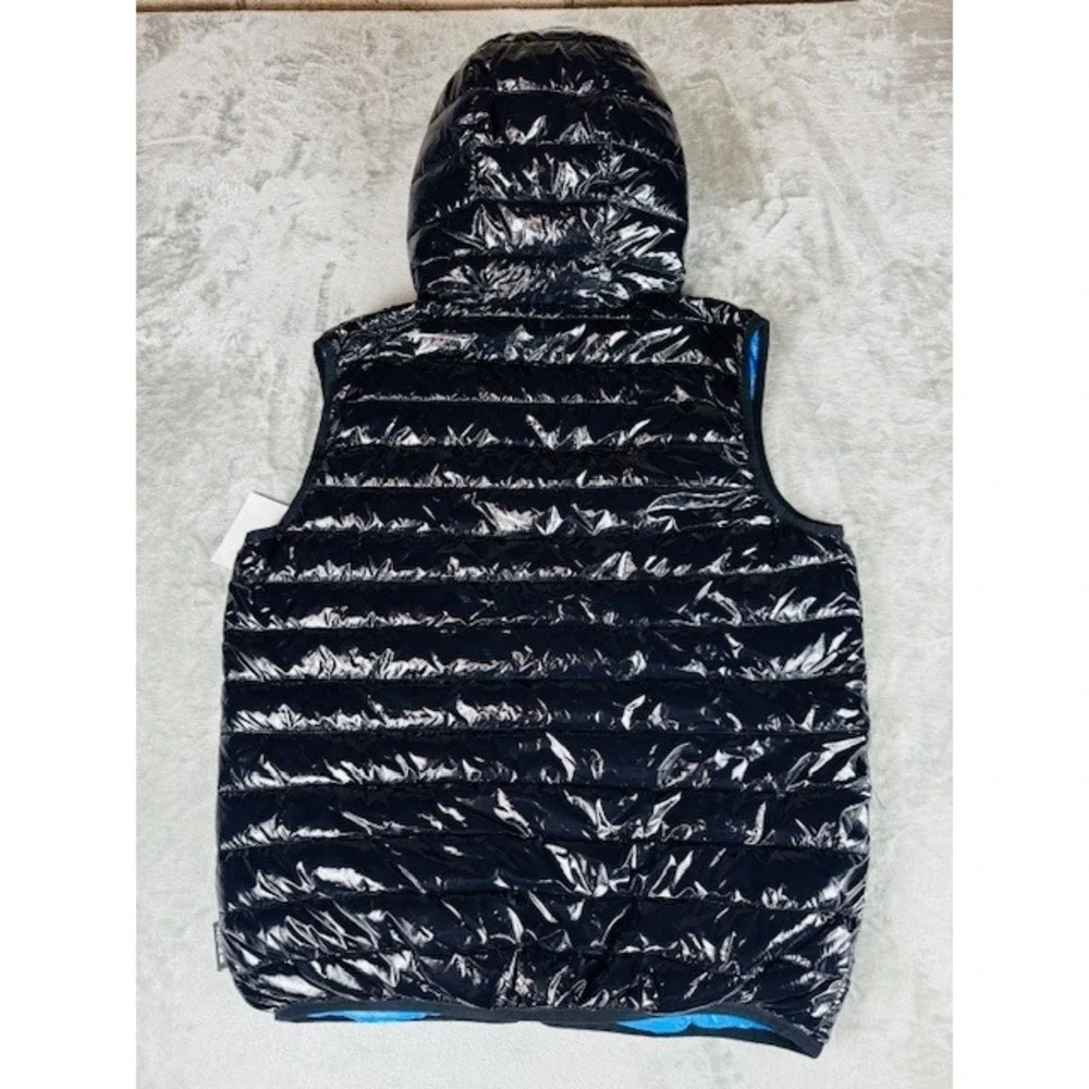 NWT Noize Mens Small Glossy Black Puffer Vest‎ Hooded Blue Lining New With Tags