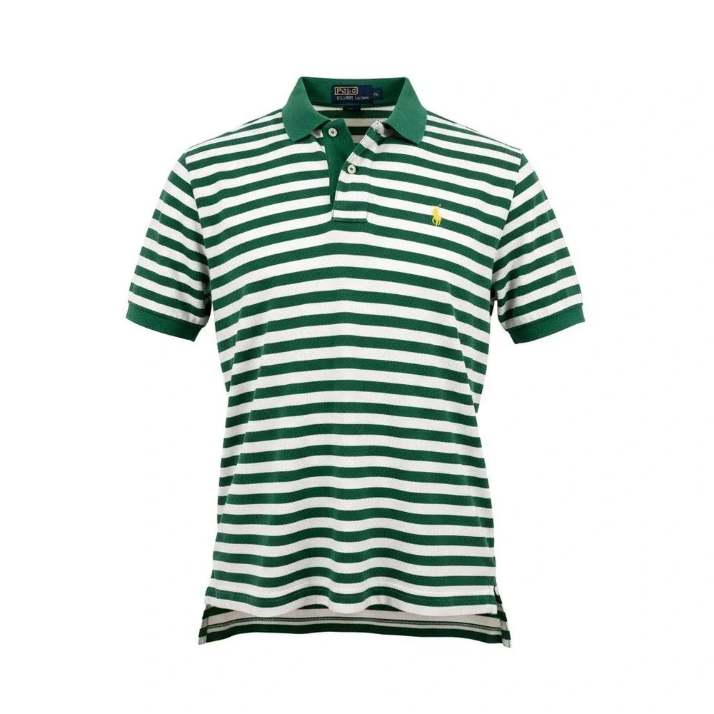 Polo Ralph Lauren Mens XL Green White Striped Short Sleeve Cotton Polo Shirt‎