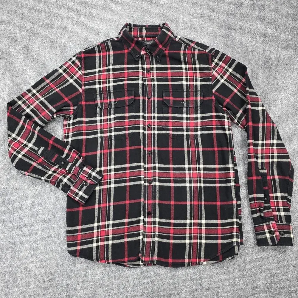 Banana Republic Shirt Mens Tall Medium Black Red Plaid Flannel Organic Untucked