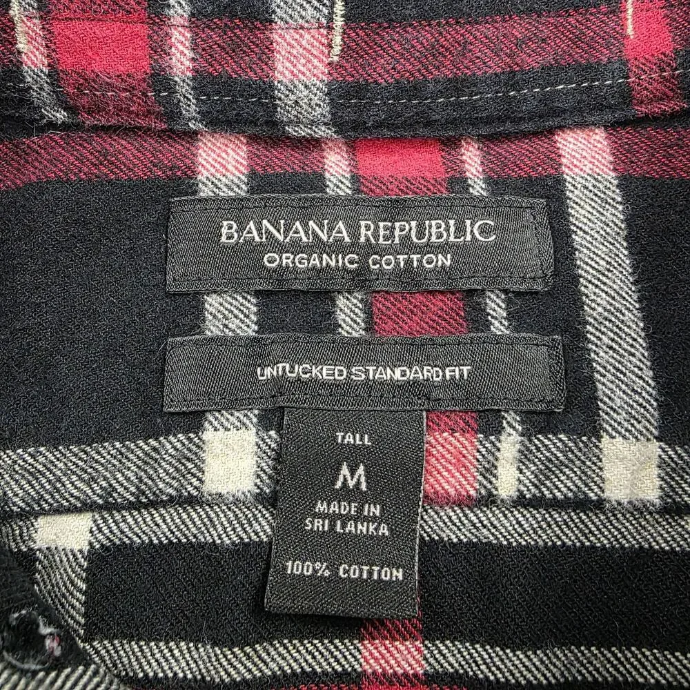 Banana Republic Shirt Mens Tall Medium Black Red Plaid Flannel Organic Untucked