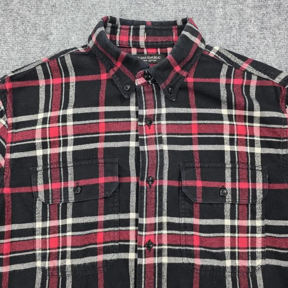 Banana Republic Shirt Mens Tall Medium Black Red Plaid Flannel Organic Untucked