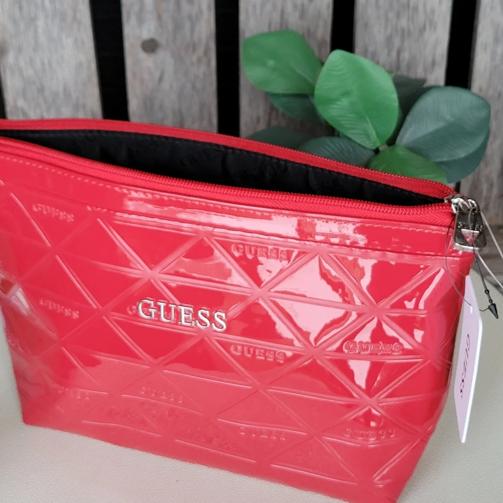 Red Patent GUESS Shiny Finish Embossed Cosmetic Zip Pouch