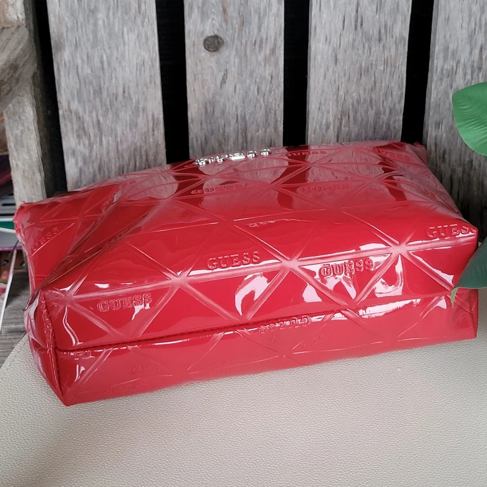 Red Patent GUESS Shiny Finish Embossed Cosmetic Zip Pouch