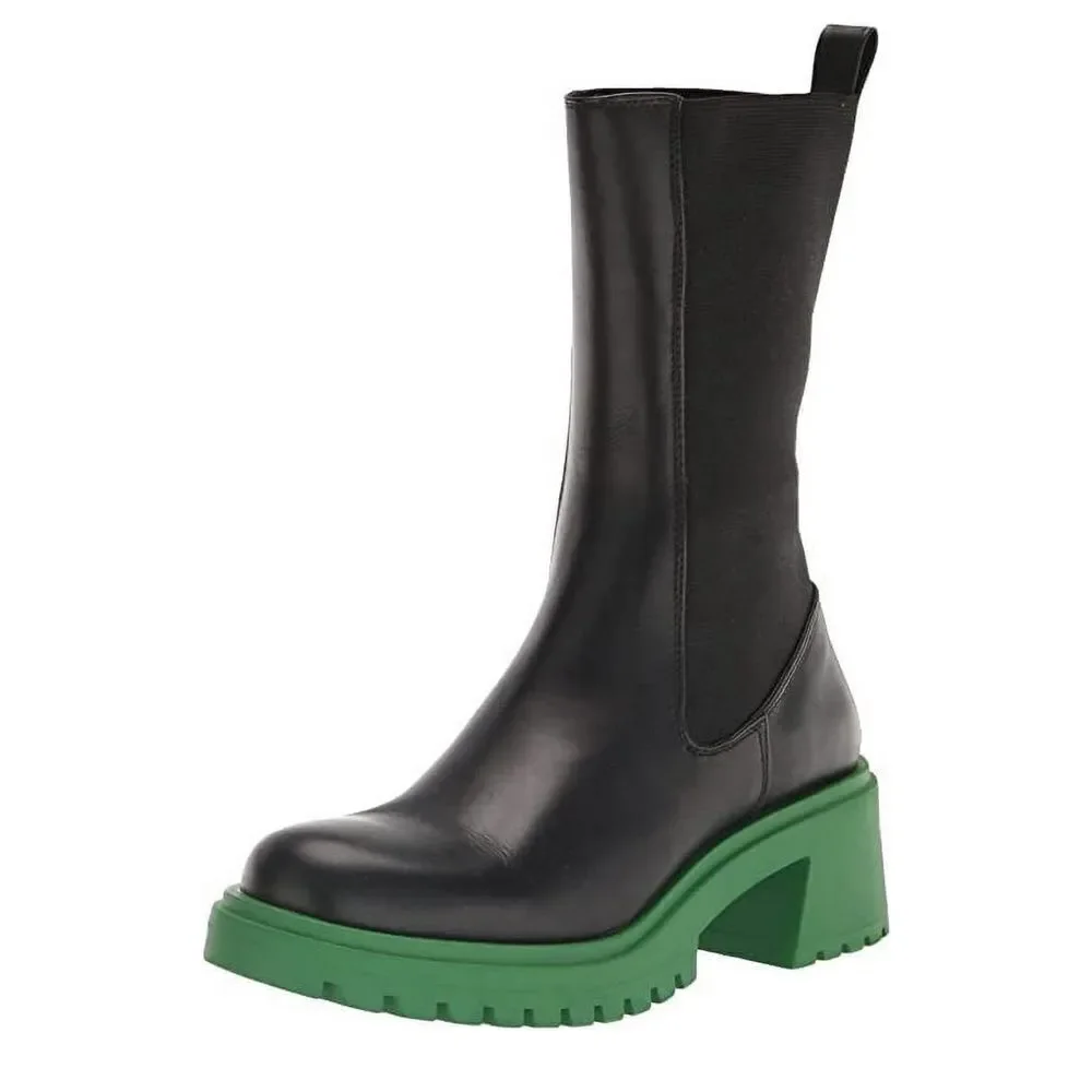 STEVE MADDEN Leather Chelsea Midi Boot Size 6 Black Platform Lug Sole Block Heel