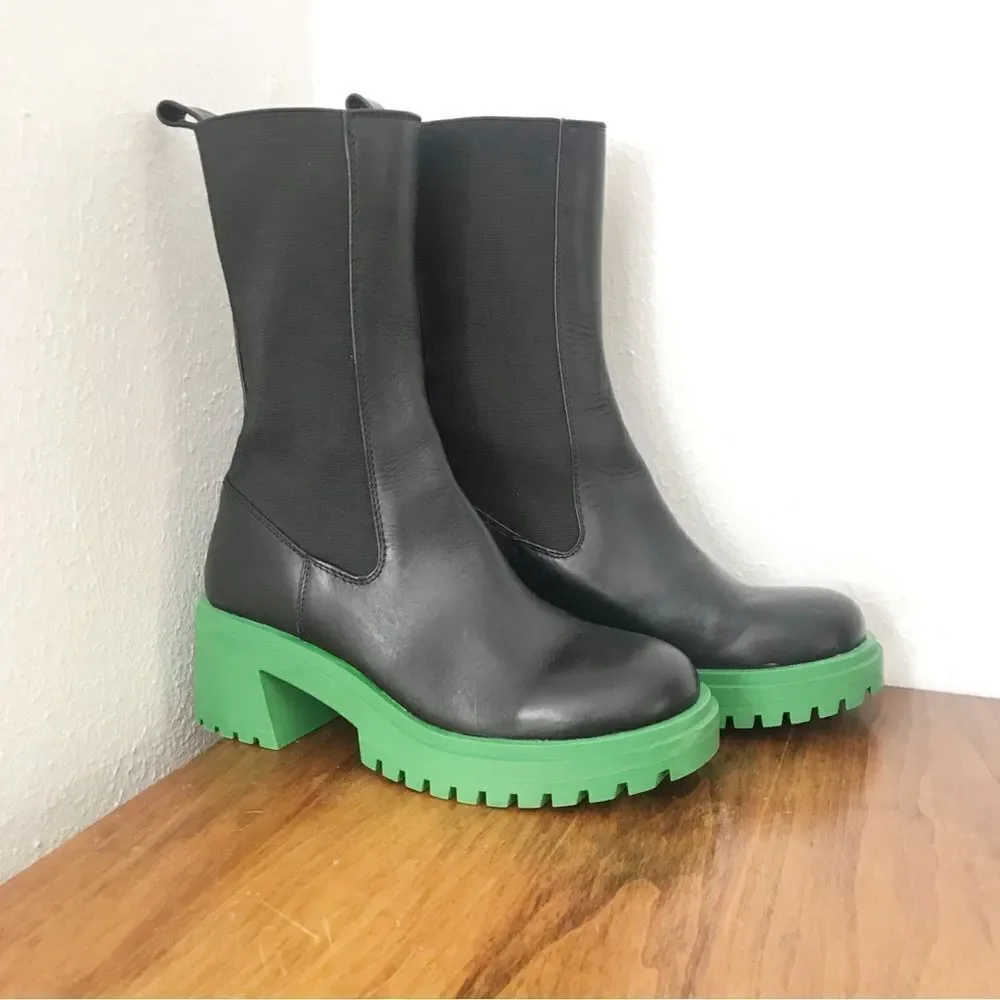STEVE MADDEN Leather Chelsea Midi Boot Size 6 Black Platform Lug Sole Block Heel