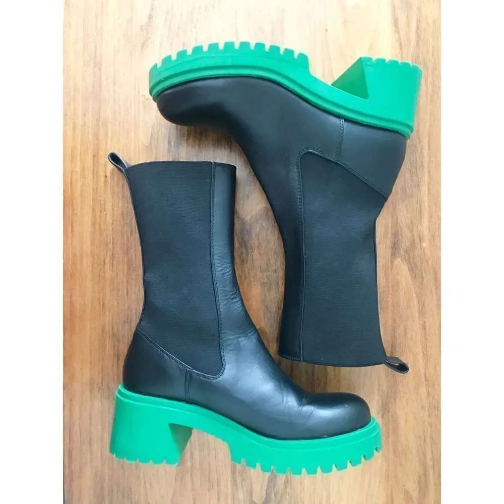 STEVE MADDEN Leather Chelsea Midi Boot Size 6 Black Platform Lug Sole Block Heel