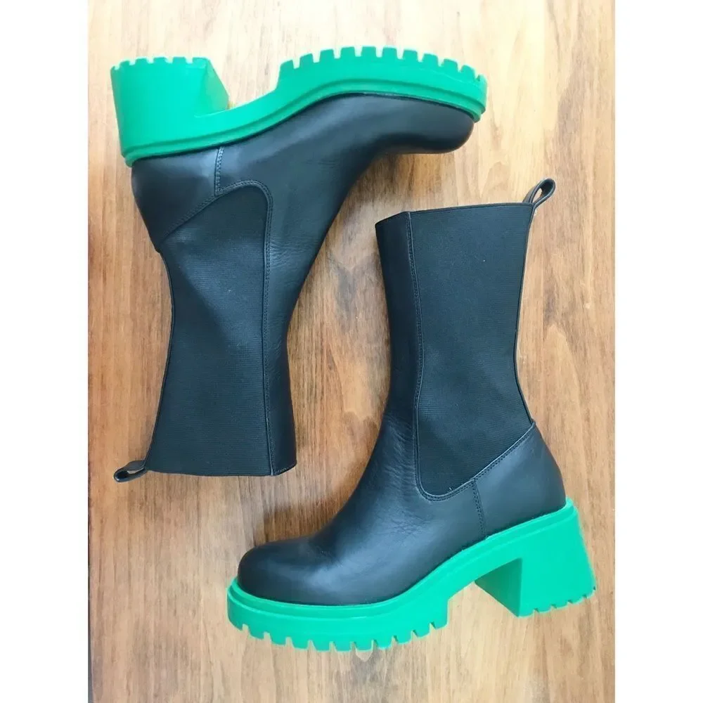 STEVE MADDEN Leather Chelsea Midi Boot Size 6 Black Platform Lug Sole Block Heel