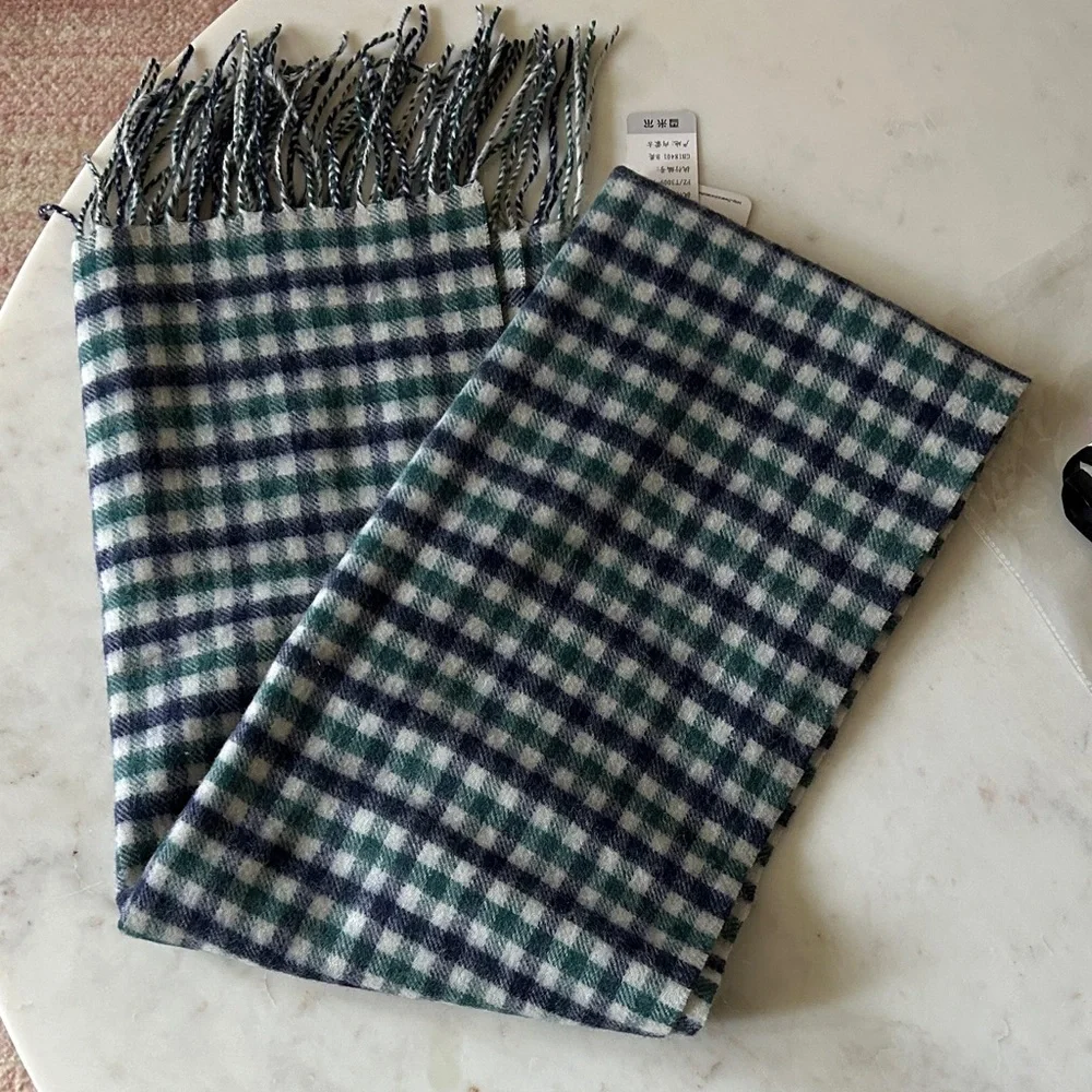 Plaid wool fringe scarf blue and green‎ 12x70 UNISEX