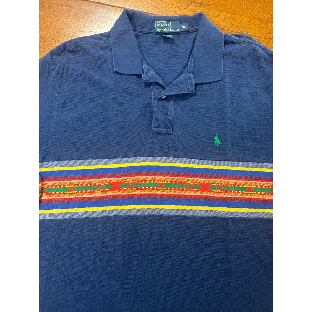 Polo Ralph Lauren Polo Shirt Mens XL Blue Aztec Stripe Southwestern Pony Logo