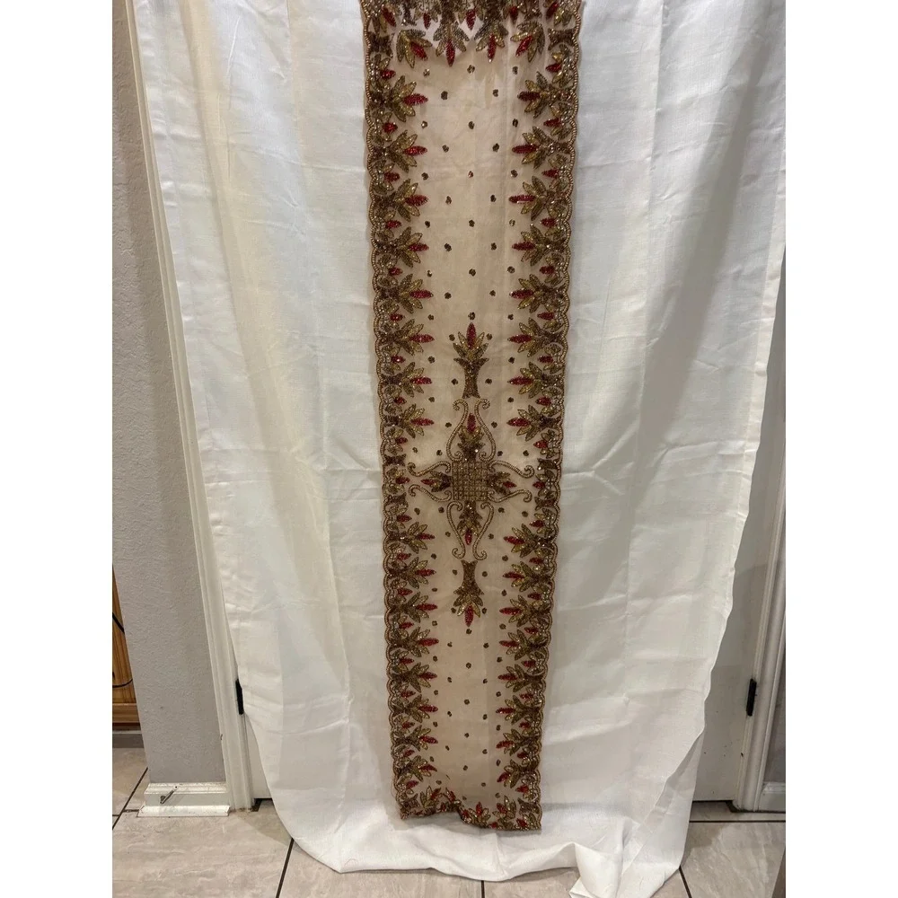 Embellished Sheer Table Runner Beaded Sequins‎ Red Gold Accent Decor