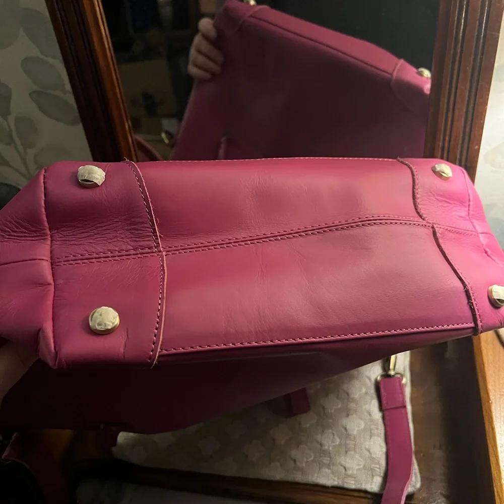 WESTON COLE Full Grain Buffalo Leather Zip Top Laptop Tote Adjustable Strap Pink