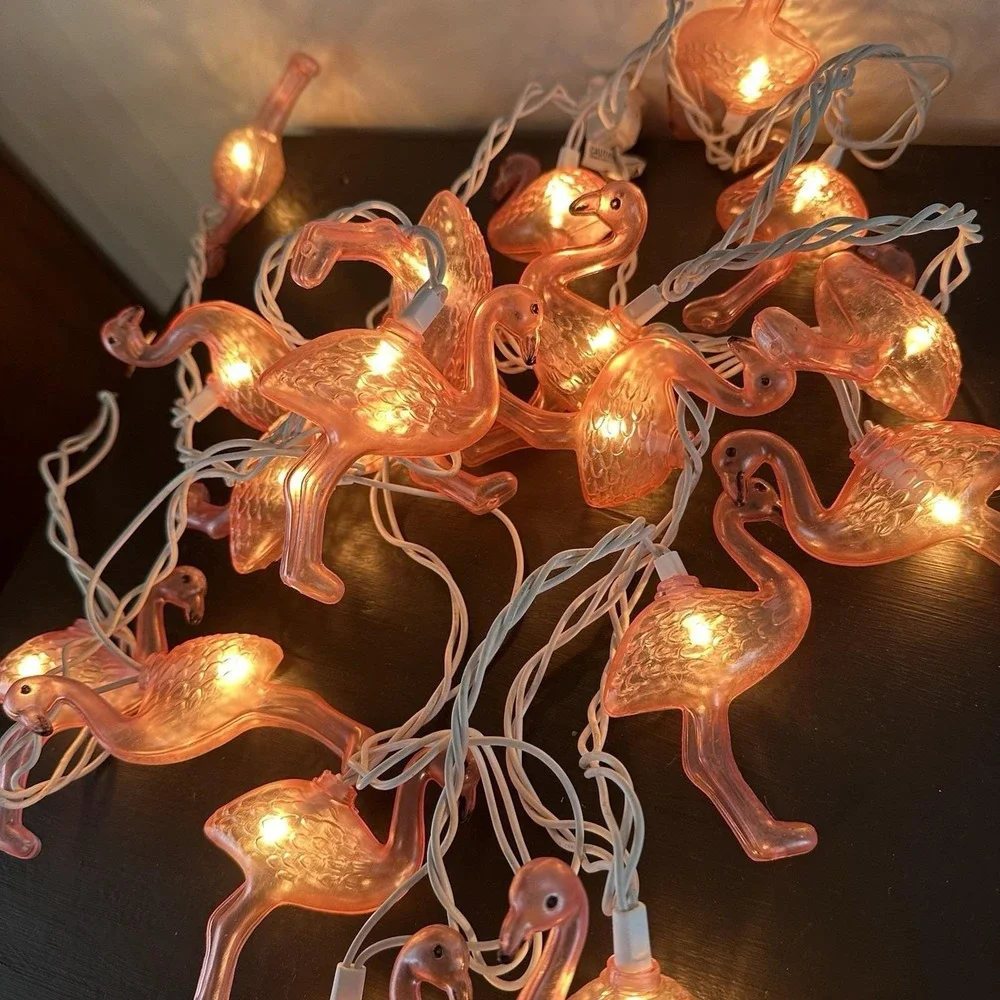 VTG 2 Strands Blow Mold 20 Flamingo String Lights Tropical Party Luau READ‎ Pink