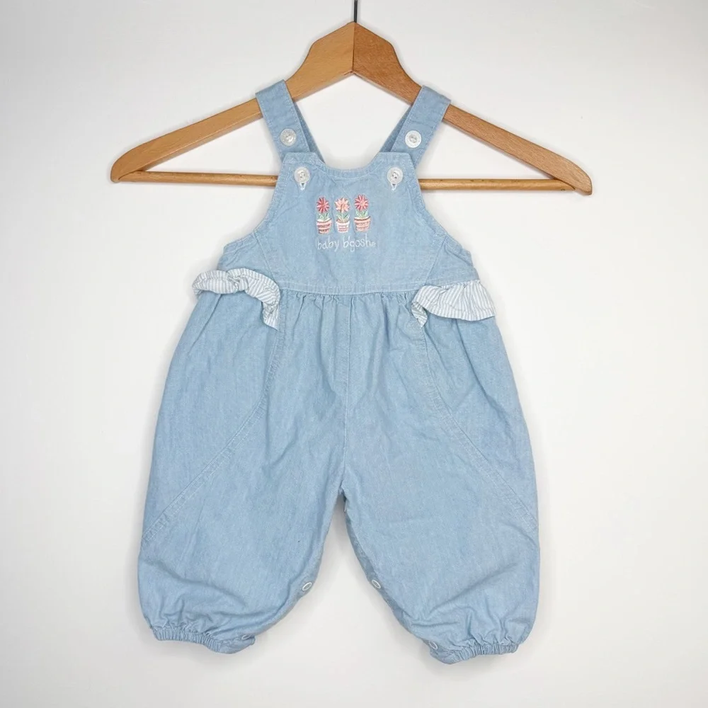 Vintage 90’s OshKosh B'gosh Light Blue Baby Flower‎ Pots Overalls 6-9 Months