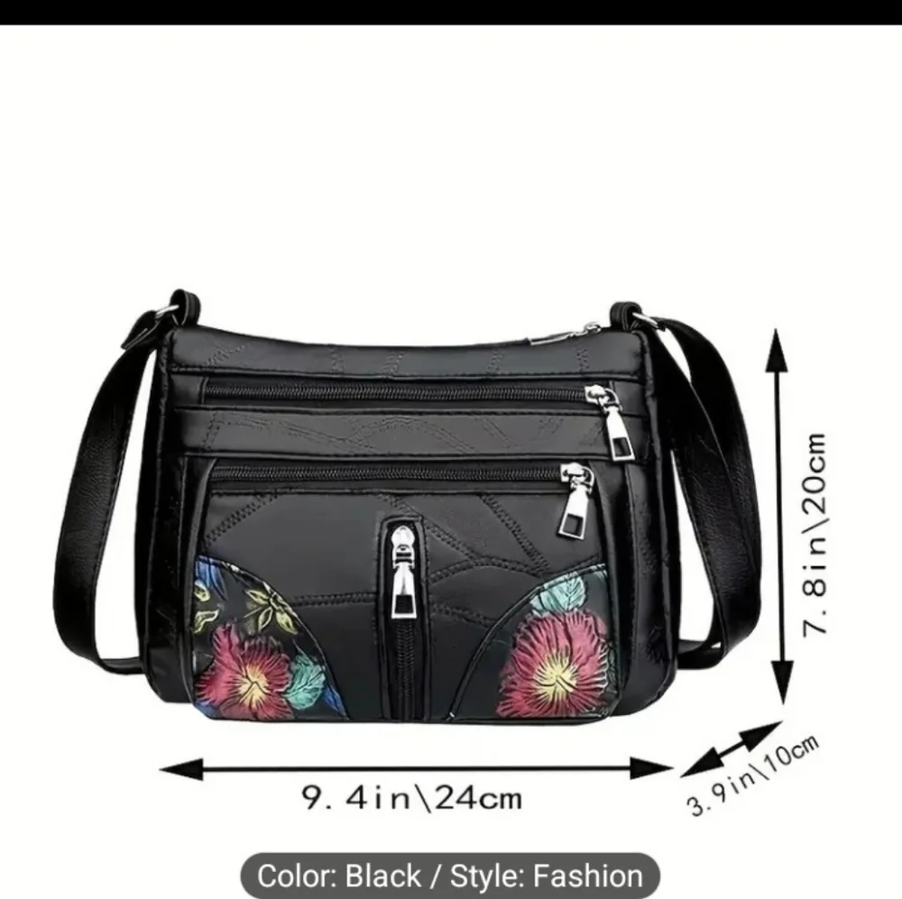 Black Leather Handbag CrossBody‎ Bag Hand Painted Black Shoulder New Z6