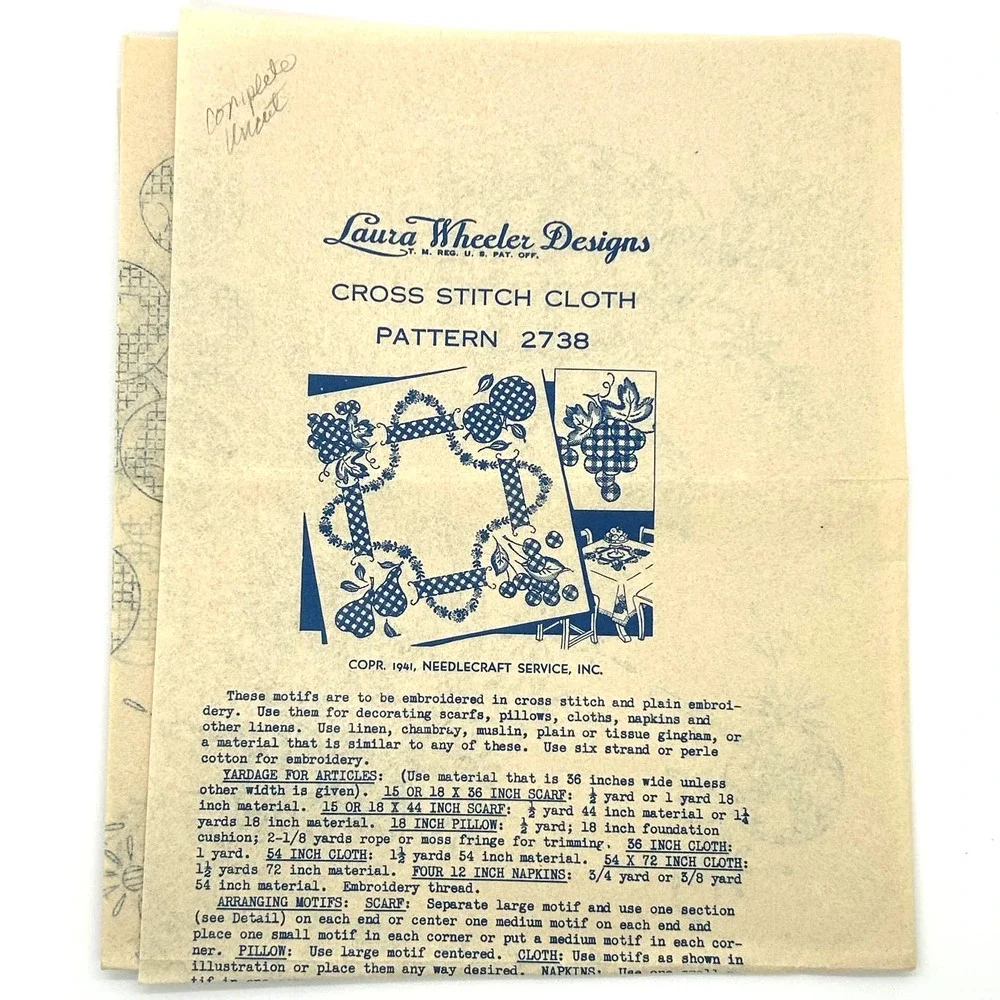 Laura Wheeler Vintage Copr.1941 Cross Stitch Transfer Pattern Design #2738 Fruit