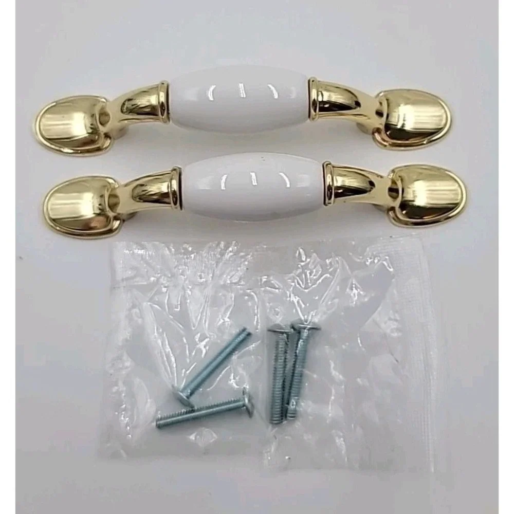 2 VTG Ceramic &‎ Brass Round Foot Drawer Cabinet Pull Handle