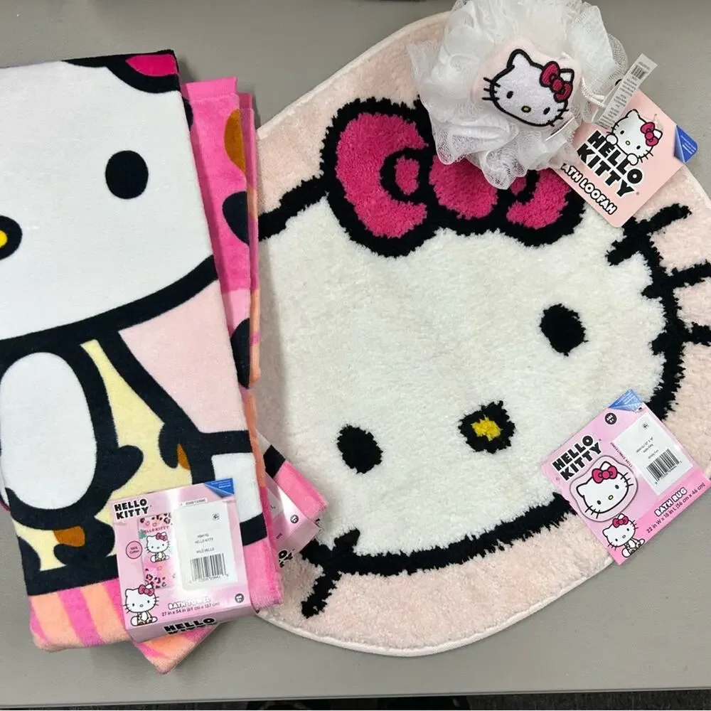 Hello Kitty Bathroom Shower Bath Set with Rug / Mat, 2 Towels, Loofah NWT Sanrio