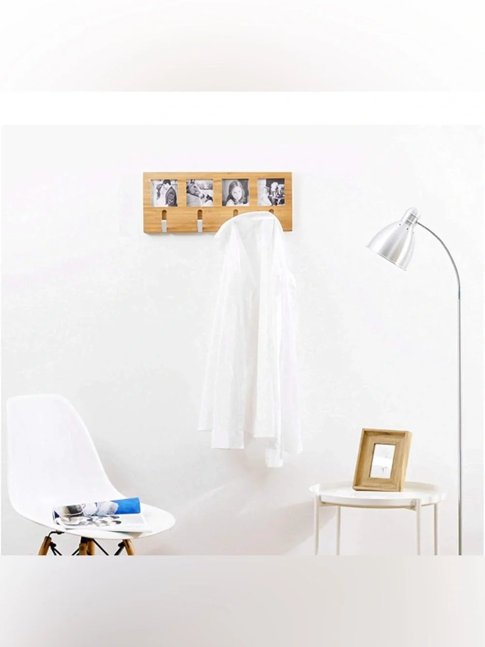 New in plastic 4 Wooden Photo Frame Coat Rack in Natural white tan wood