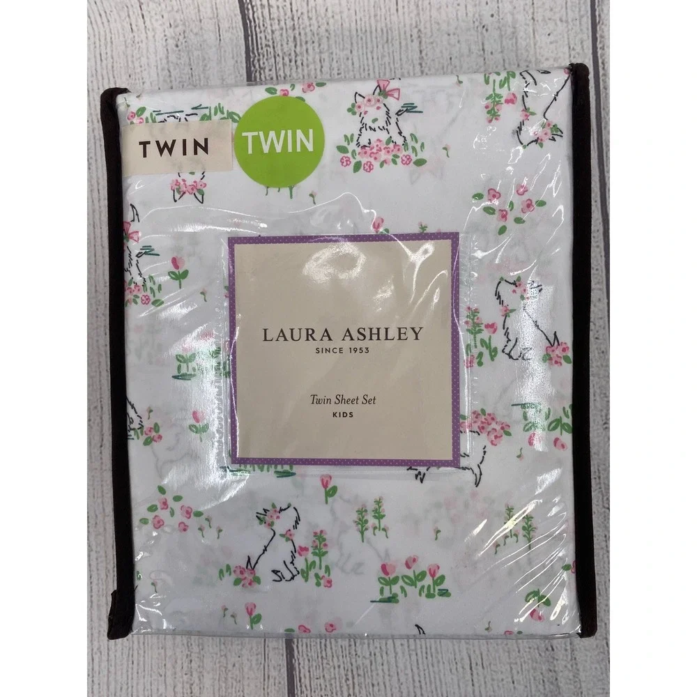 Laura Ashley Sheet Set Kids TWIN White Westie Dog Pup Floral Pink 3pc Bedding