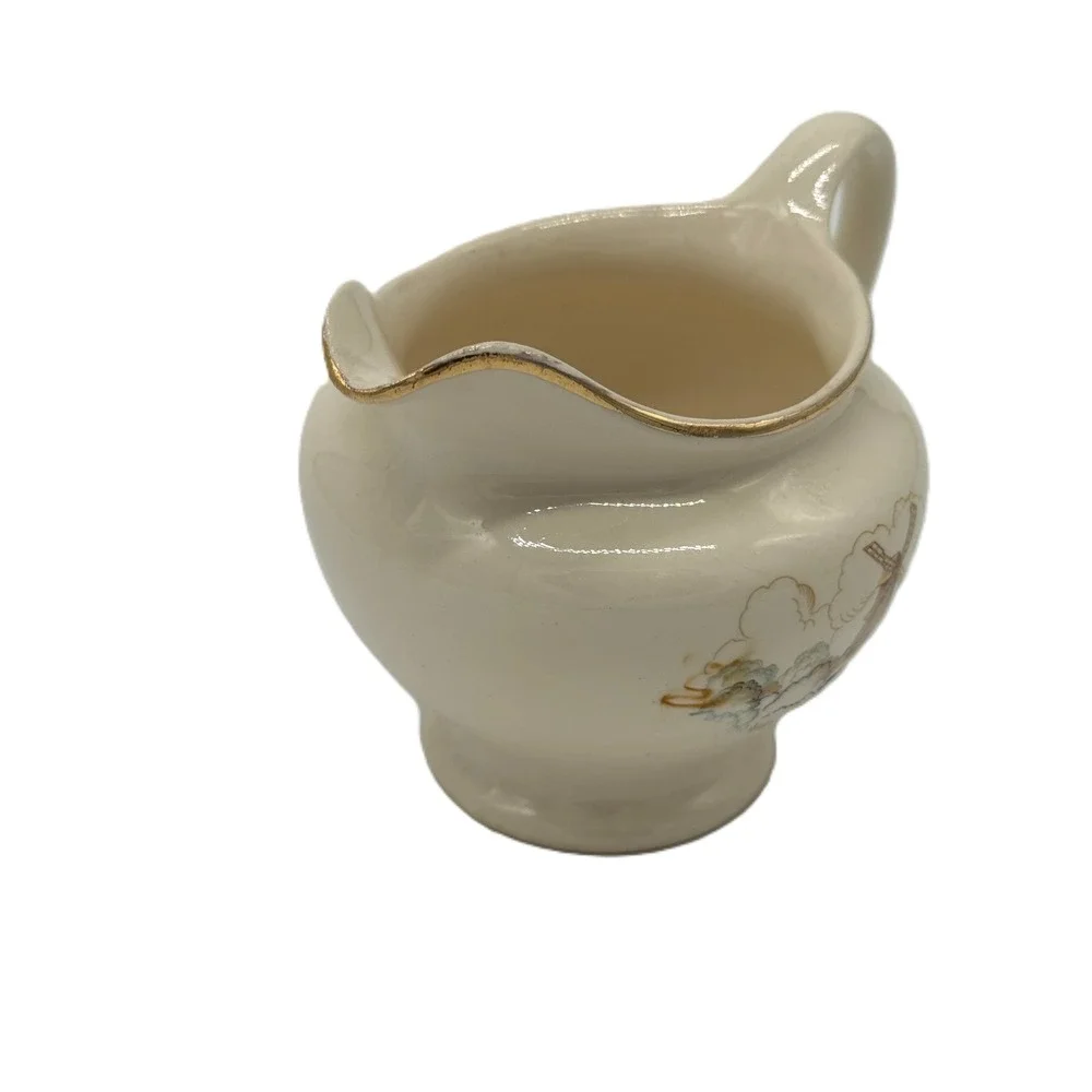 Vintage Windmill Scene Ceramic Creamer Pitcher Gold Rim Cream Small Dutch Style