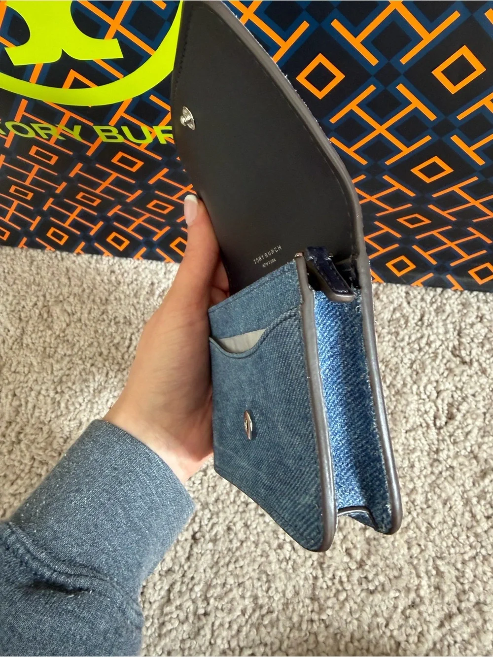 Tory Burch Emerson Denim Suede Flap Card Case Dark Denim
