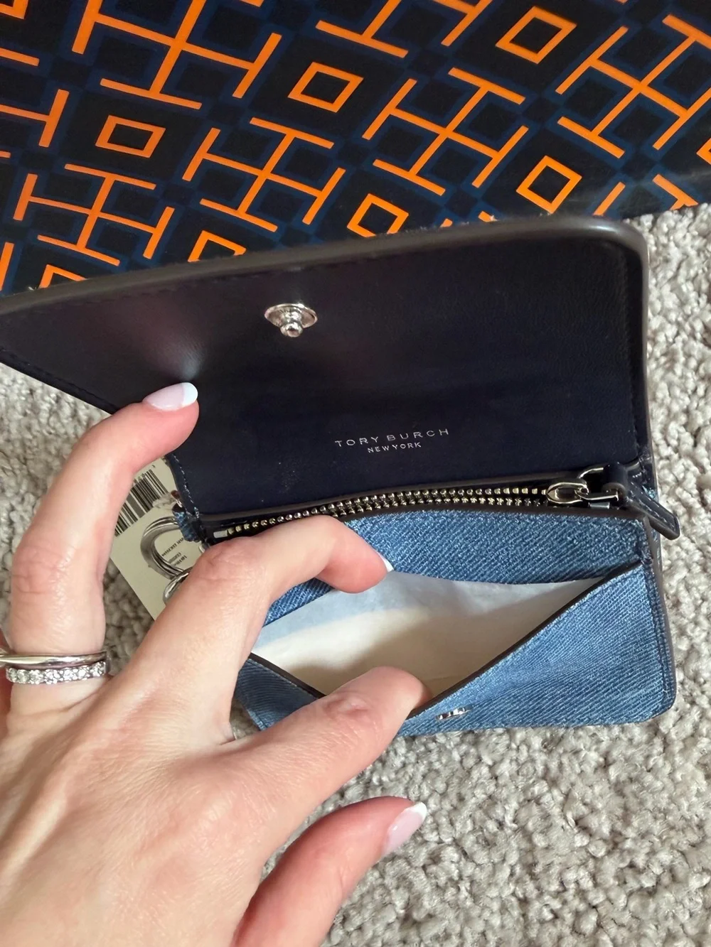 Tory Burch Emerson Denim Suede Flap Card Case Dark Denim