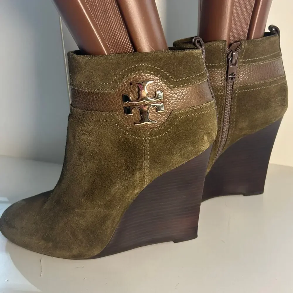 Tory Burch Aaden Wedge Dark Green Suede Ankle Boots Sz 10.5
