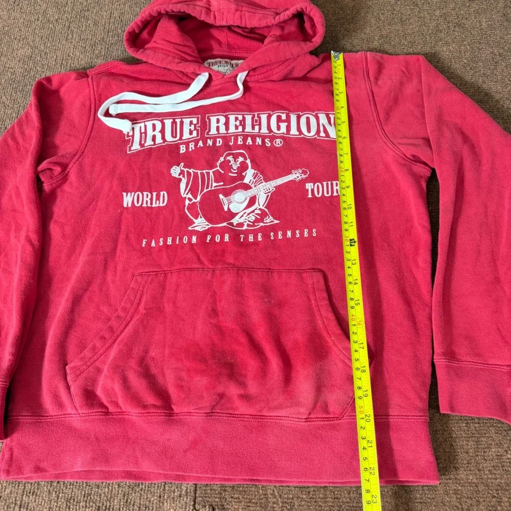 True Religion Mens World Tour Buddha Hoodie Red Graphic Sweatshirt Small B+