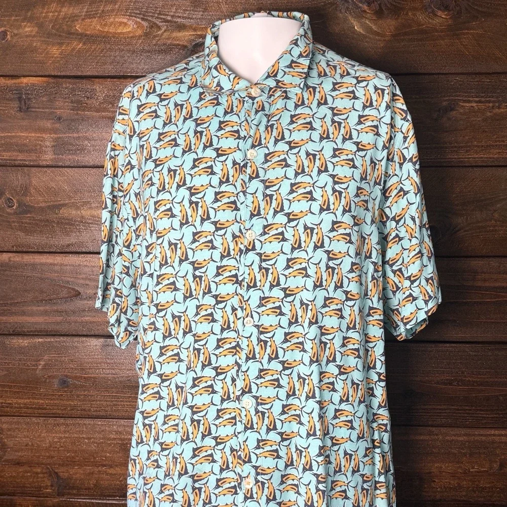 Tommy Bahama Swordfish Camp Shirt Men's Large Blue Short Sleeve Swordfish