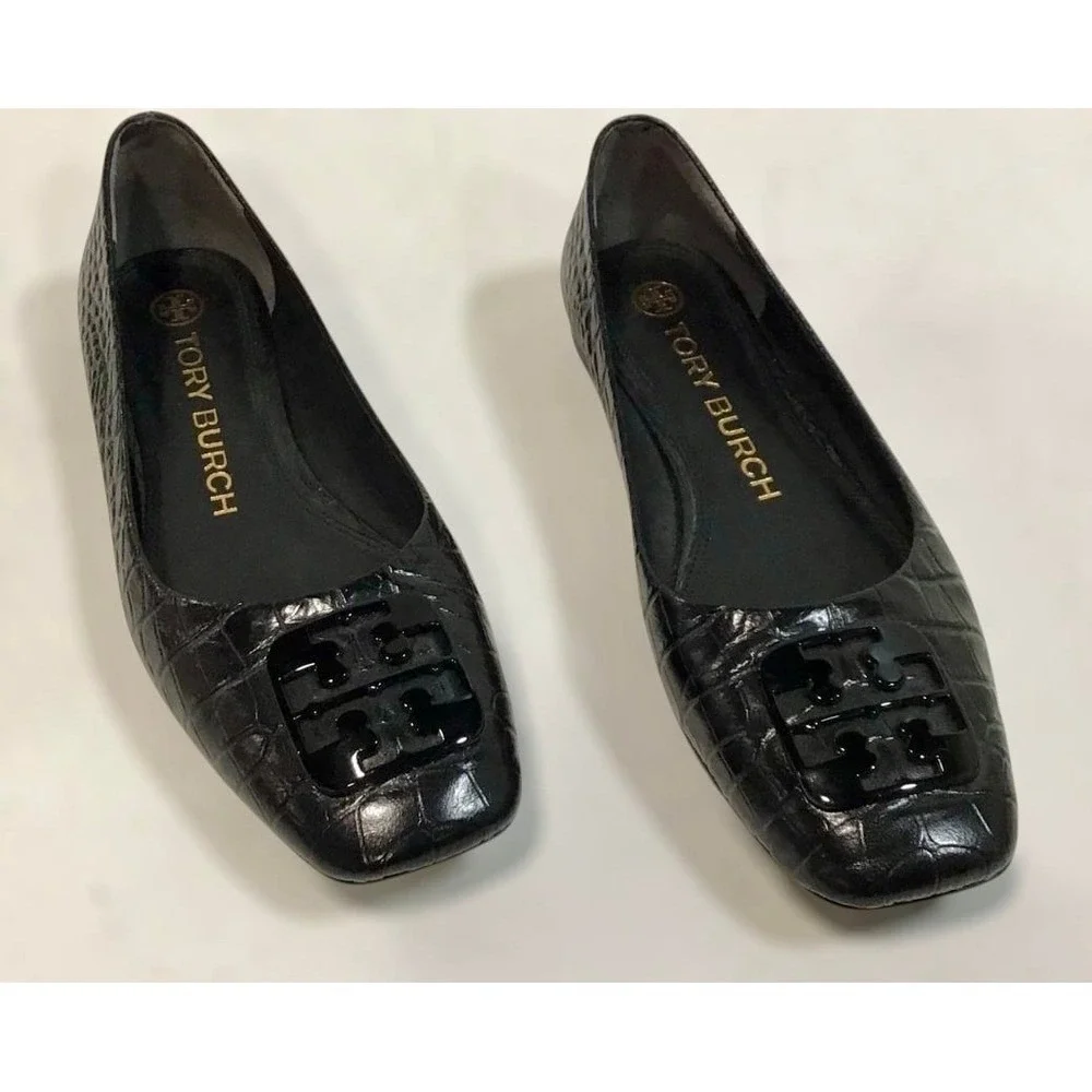 Tory Burch Black Croc Embossed Leather Ballet Flats Shoes Women Size 7M