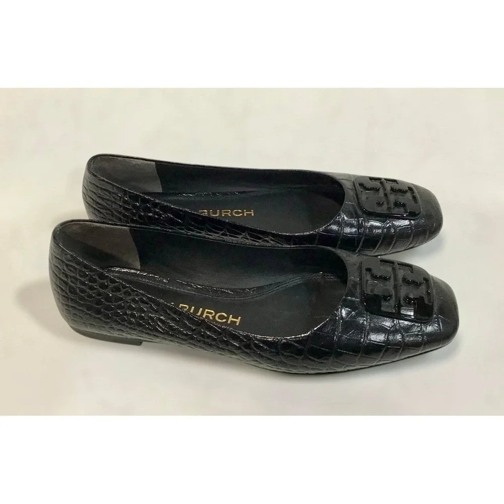 Tory Burch Black Croc Embossed Leather Ballet Flats Shoes Women Size 7M