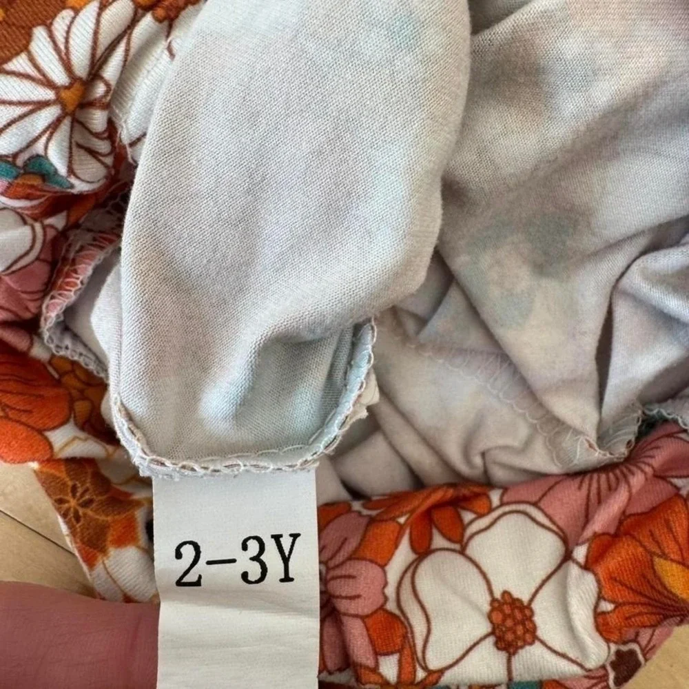 Girls Retro 70s style Floral Bell Bottom Flare Pants Orange Teal Boho 2-3Y