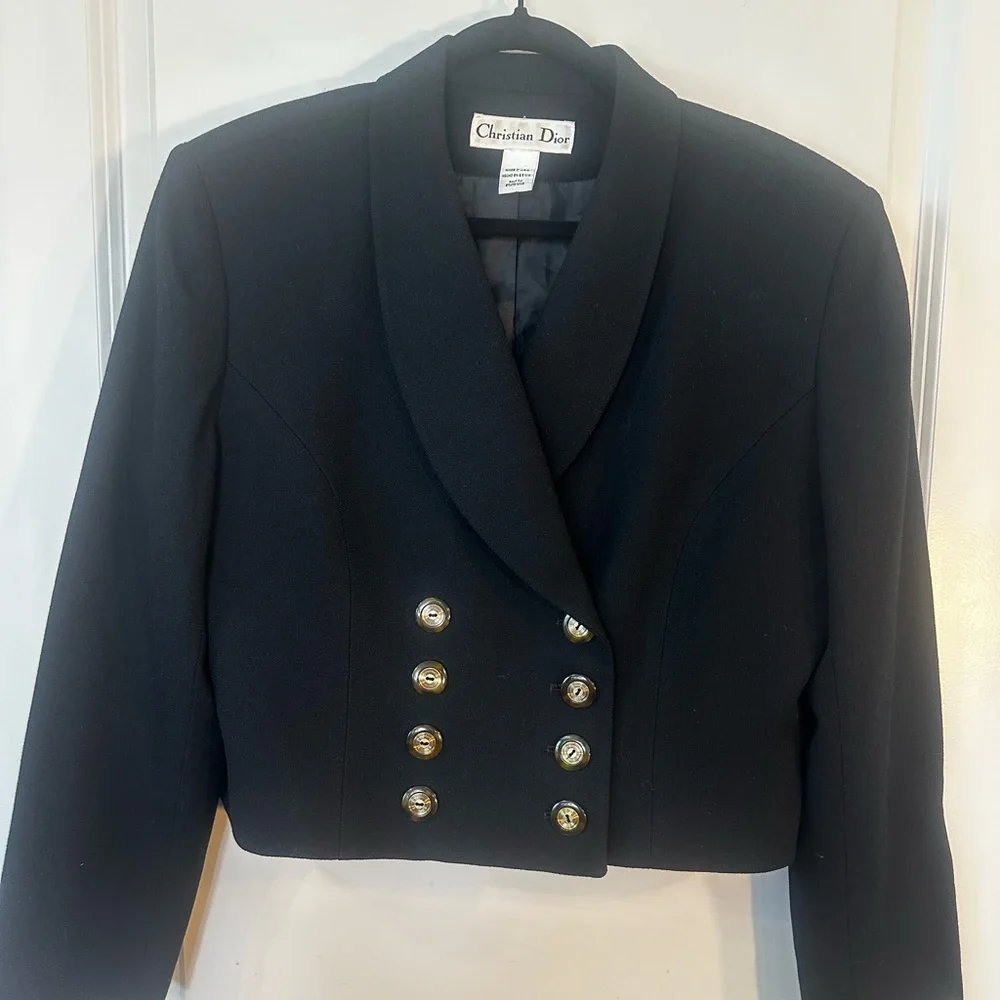 Vintage Christian Dior Butler Wool Black&Gold Button Double Breasted Crop Blazer