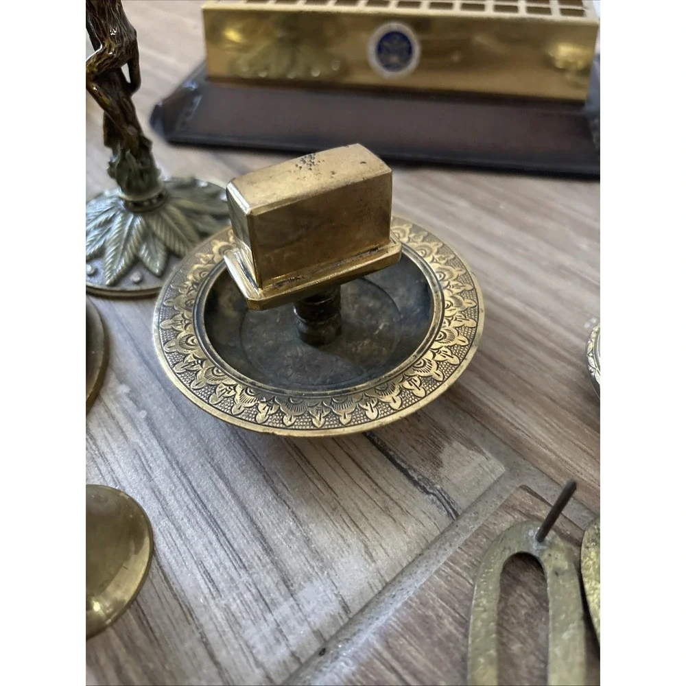 Vintage Brass Random Lot Figurines Clocks, Eagle Pendant, Magnifying Glass