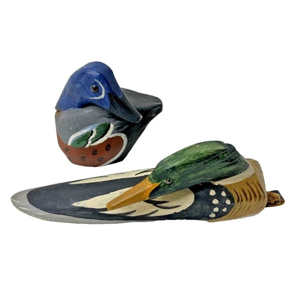 Jim Gibbs Wood Carved Ducks Painted Set 2 Decoy Decor Hanging Folkart 1980s