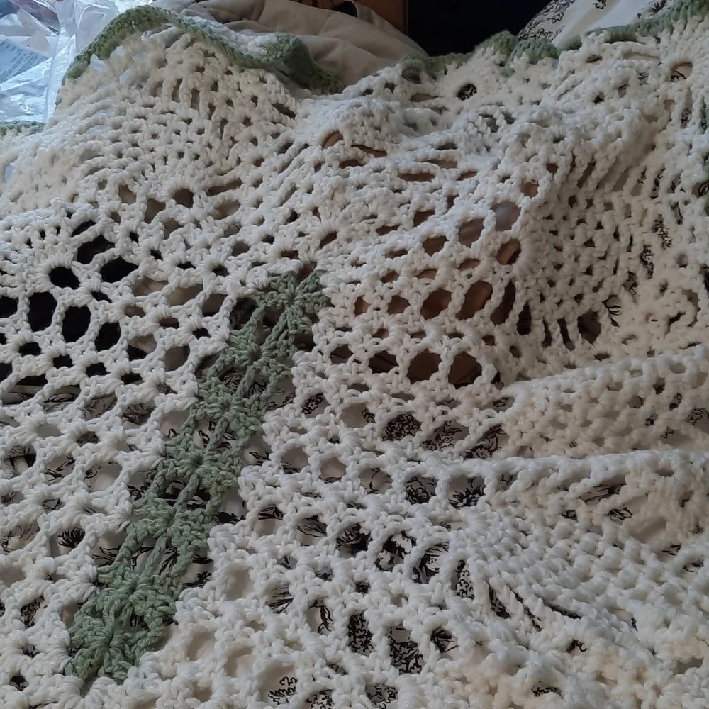 Handmade Crochet Blanket with Green Trim 46x50